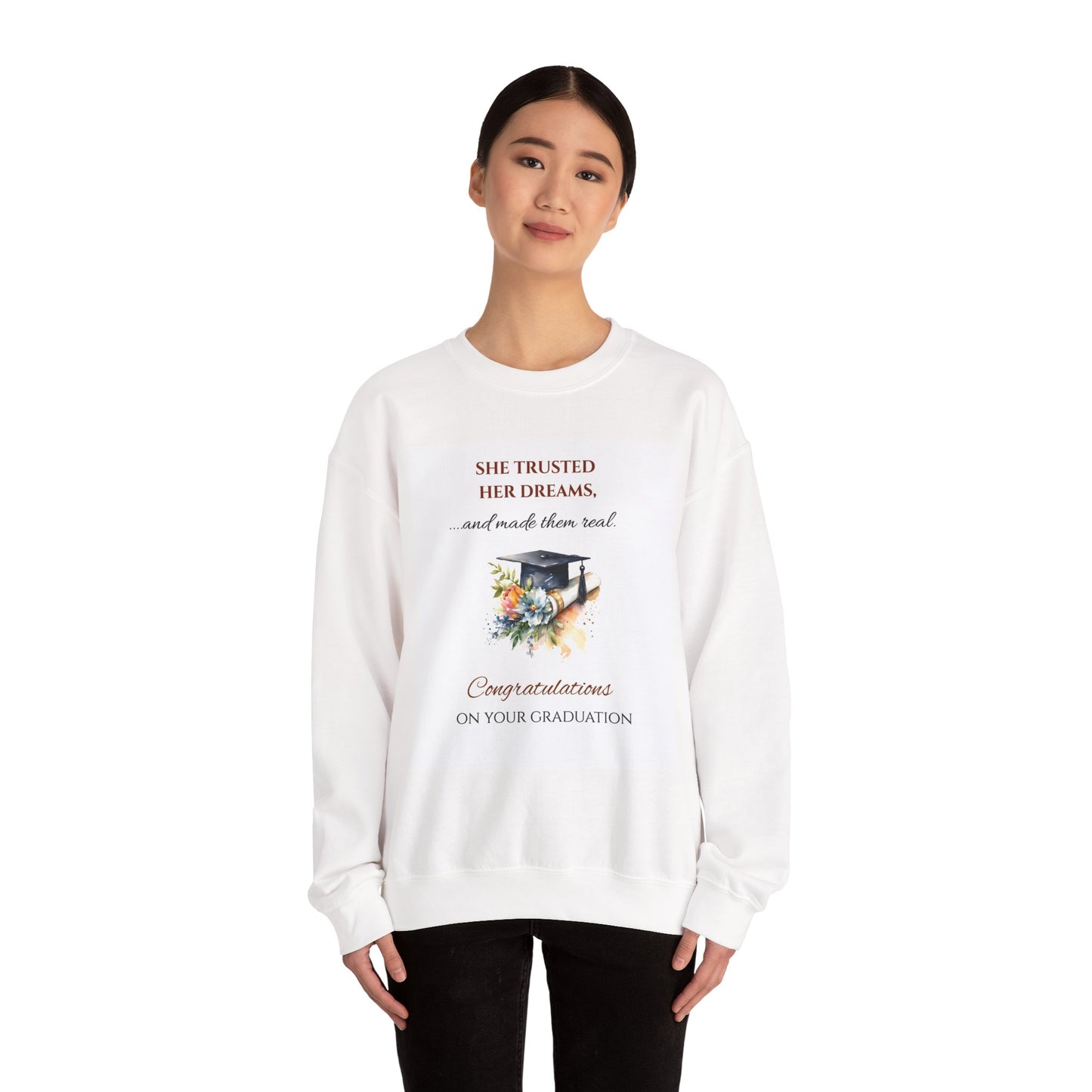 Graduation Crewneck Sweatshirt — 'She Believed She Could So She Did' Floral Cap Design