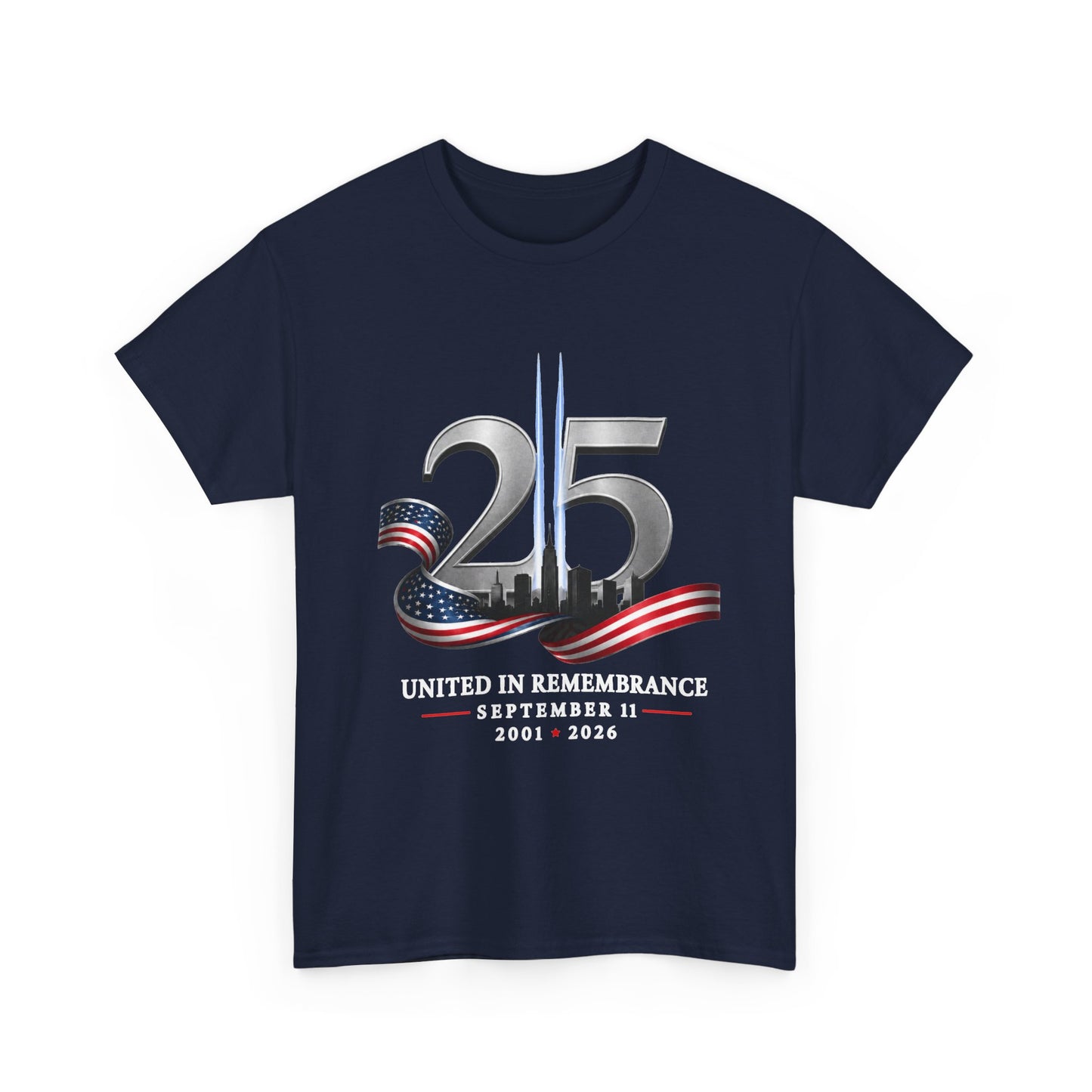 25th Anniversary Patriotic T-Shirt — American Flag Ribbon & Skyline Tee