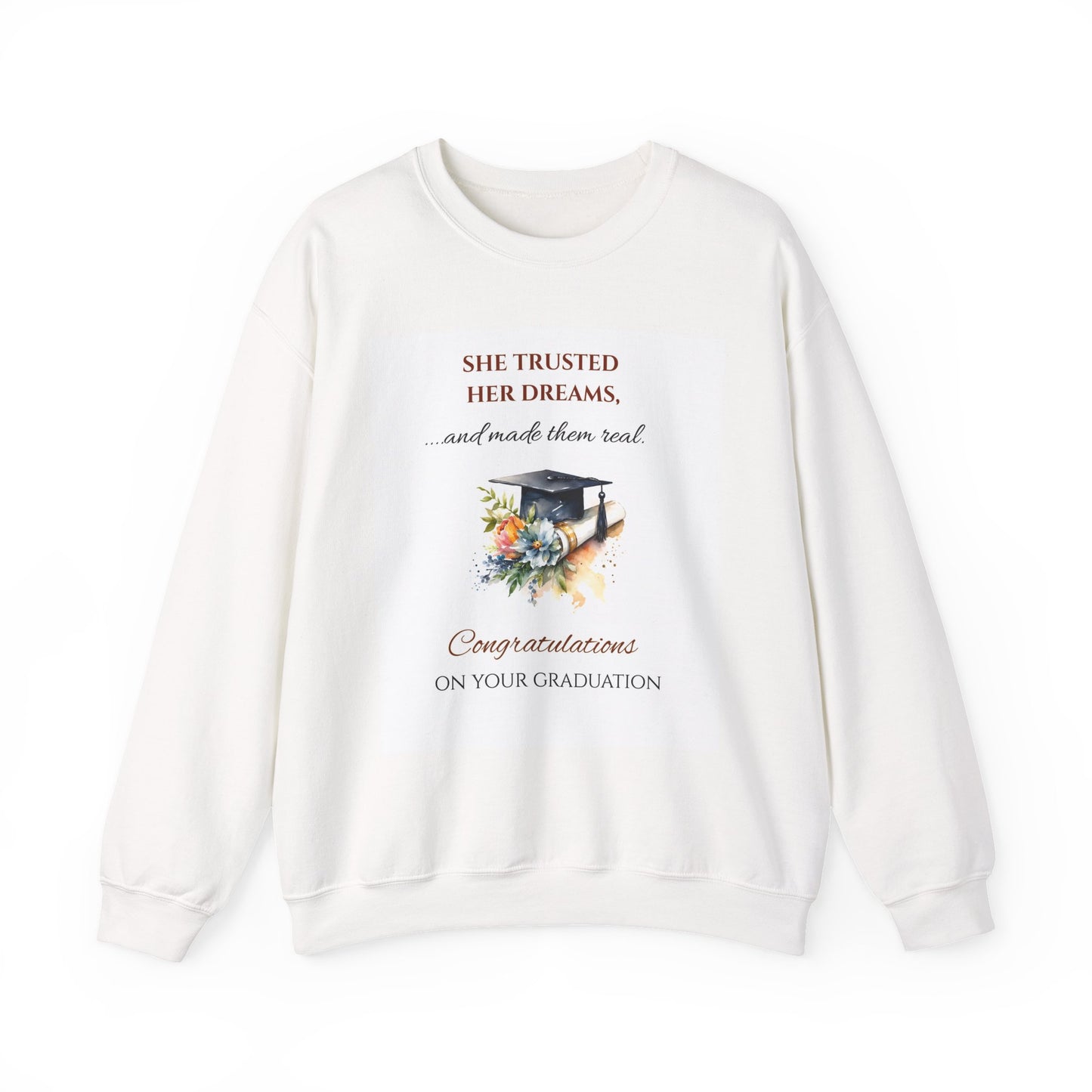 Graduation Crewneck Sweatshirt — 'She Believed She Could So She Did' Floral Cap Design