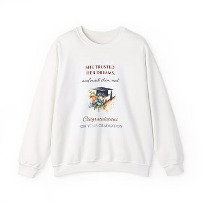 Graduation Crewneck Sweatshirt — 'She Believed She Could So She Did' Floral Cap Design