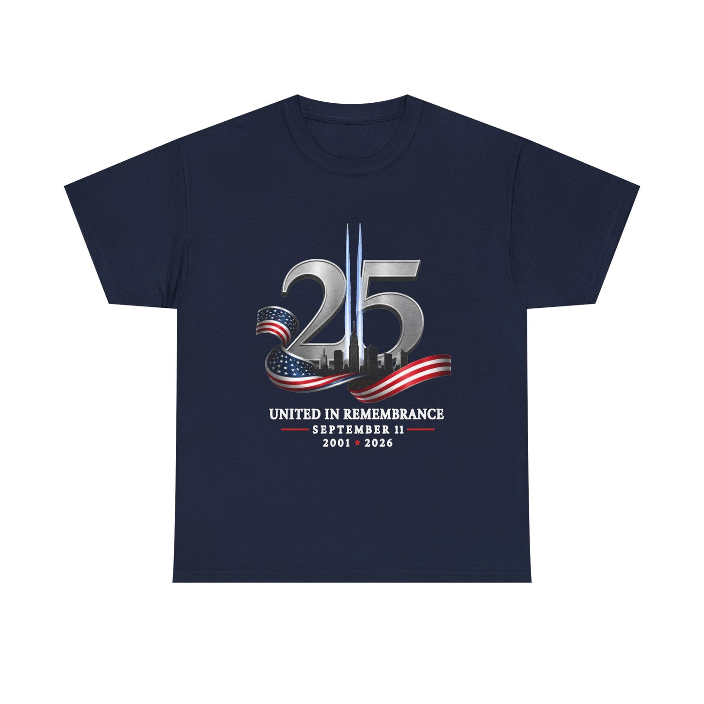 25th Anniversary Patriotic T-Shirt — American Flag Ribbon & Skyline Tee