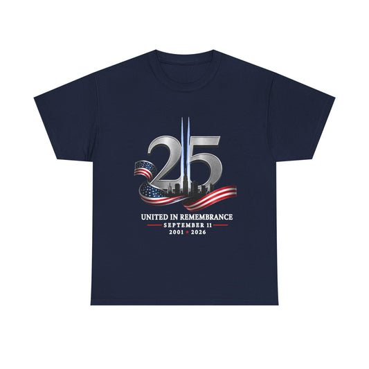 25th Anniversary Patriotic T-Shirt — American Flag Ribbon & Skyline Tee