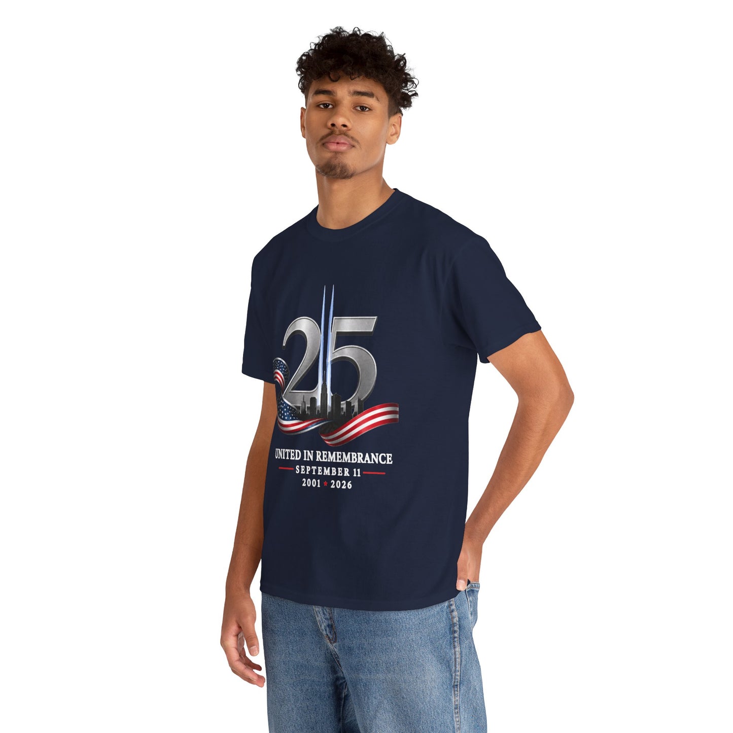 25th Anniversary Patriotic T-Shirt — American Flag Ribbon & Skyline Tee