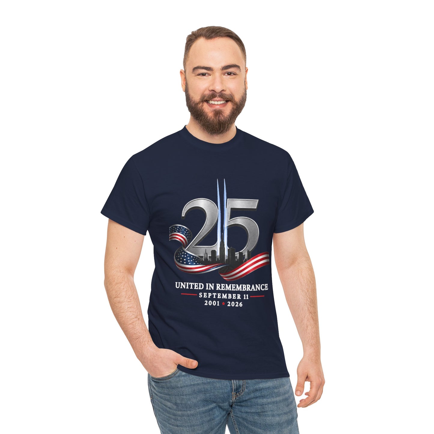 25th Anniversary Patriotic T-Shirt — American Flag Ribbon & Skyline Tee