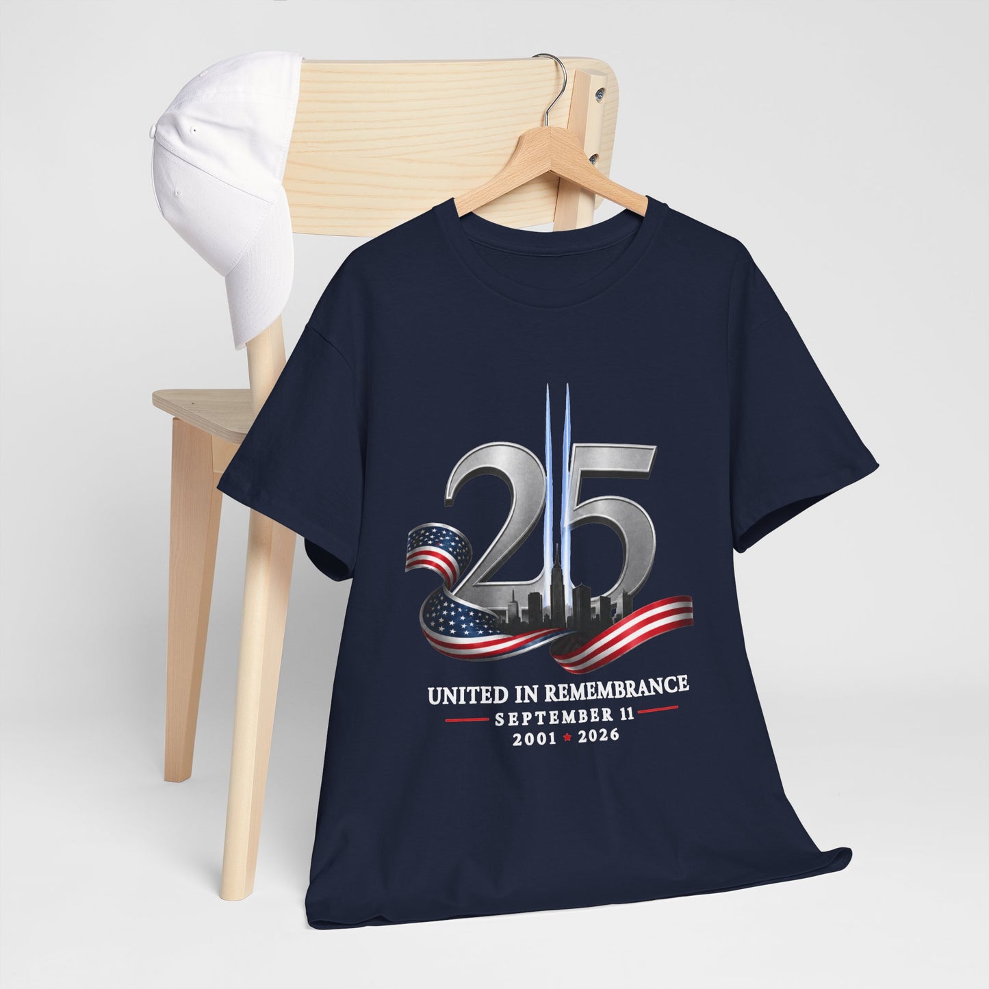 25th Anniversary Patriotic T-Shirt — American Flag Ribbon & Skyline Tee