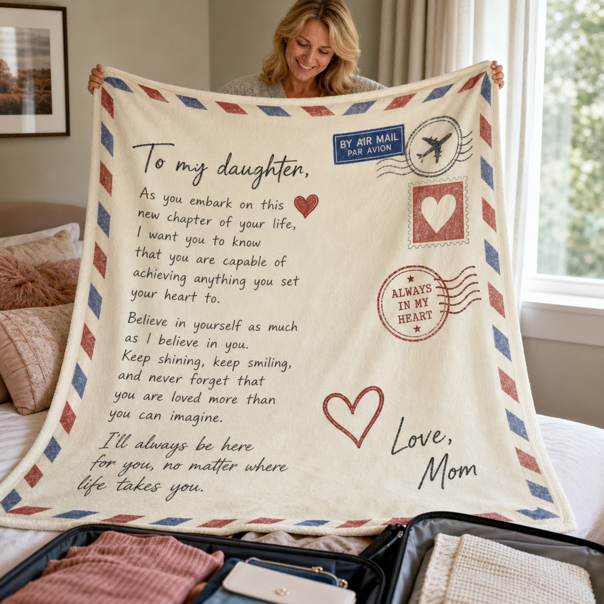 A Letter From Home blanket spread full-size over an open suitcase for college send-off