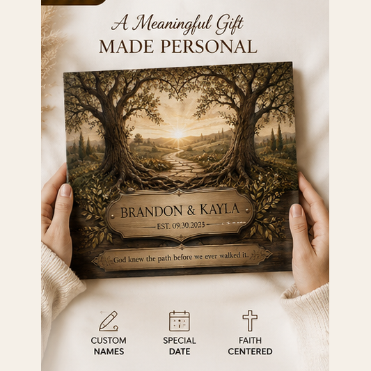 The Path God Wrote for Us canvas — hands holding canvas, a meaningful gift made personal