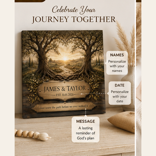 The Path God Wrote for Us canvas — canvas on shelf in home, celebrate your journey together