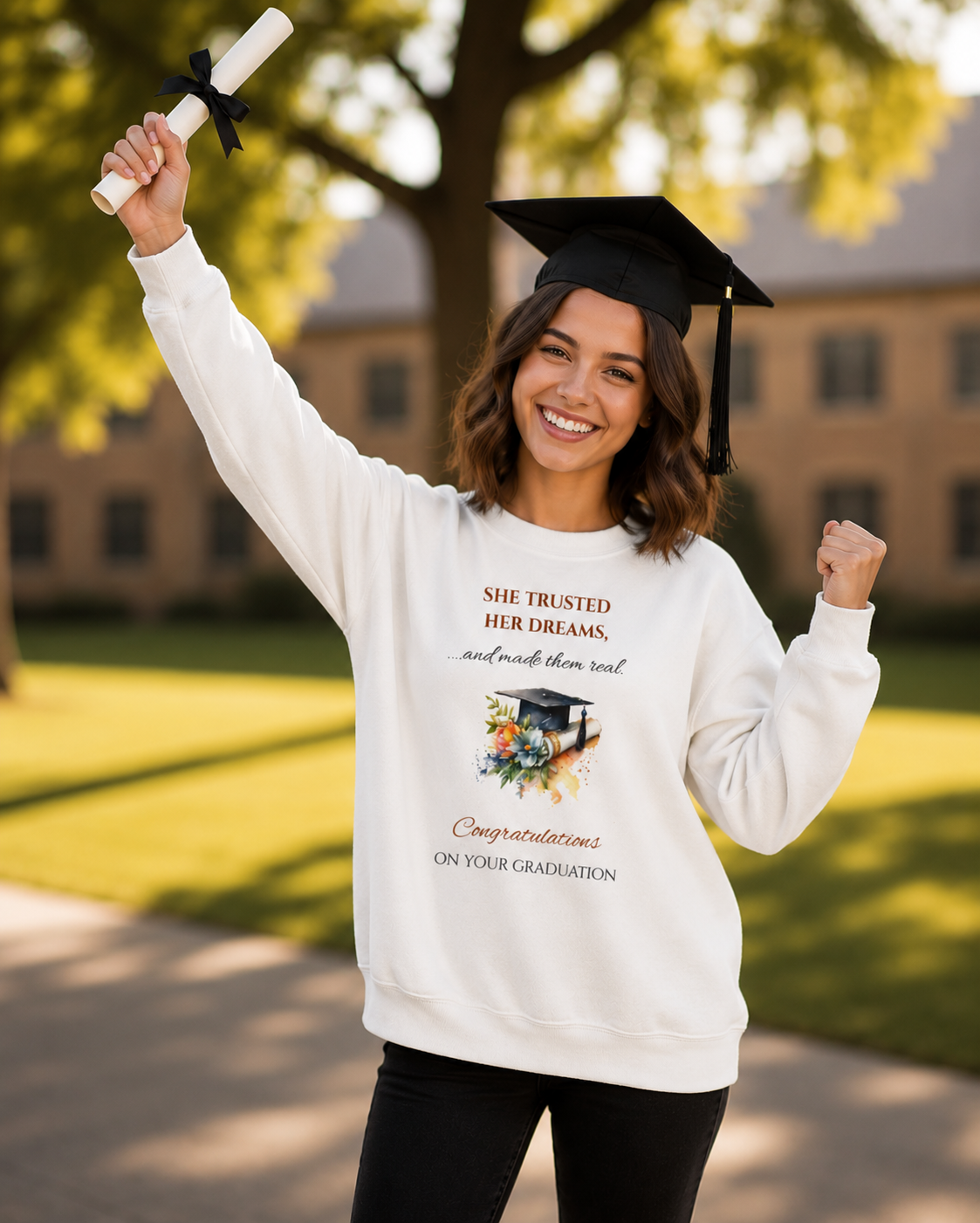 Graduation Crewneck Sweatshirt — 'She Believed She Could So She Did' Floral Cap Design