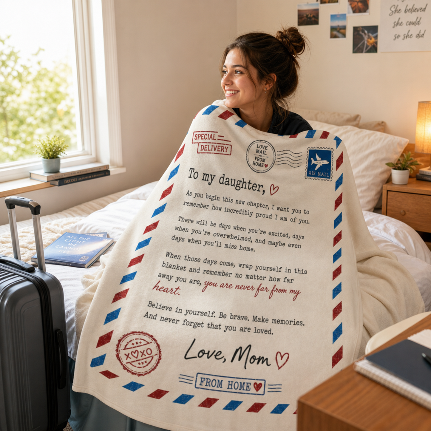 Daughter wrapped in A Letter From Home blanket