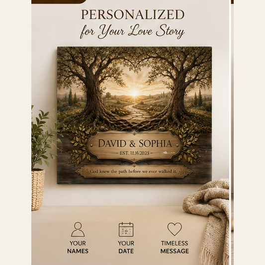 The Path God Wrote for Us canvas — framed on wall, personalized for your love story