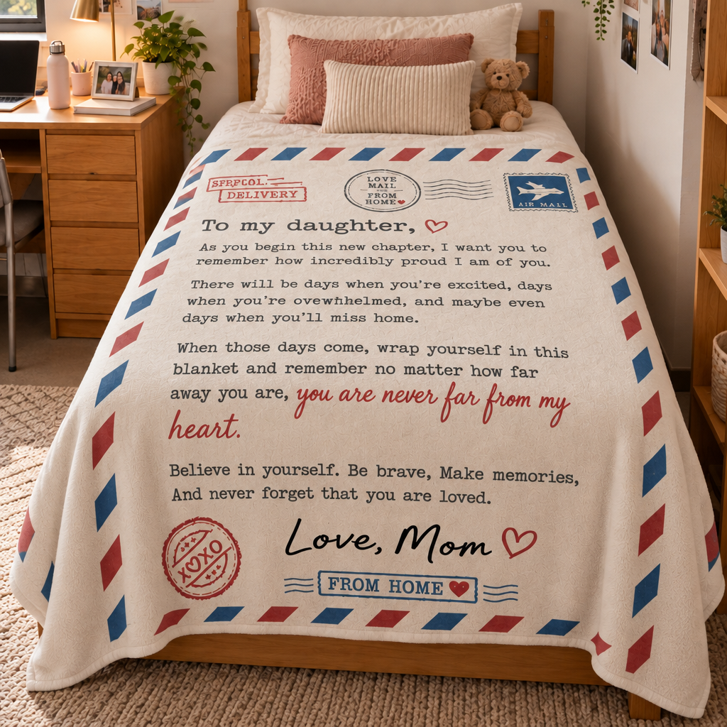 A Letter From Home™ 60 × 80 inch blanket draped over a twin bed in a college dorm room