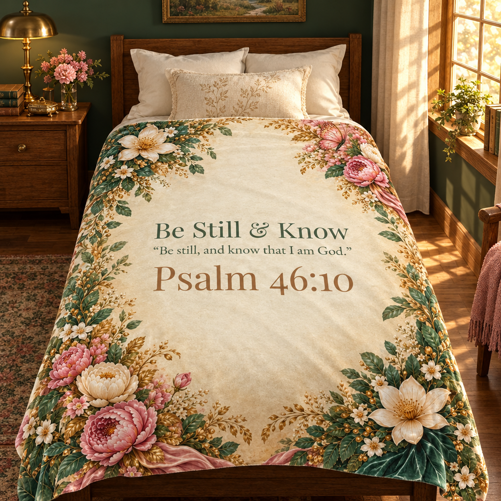 Be Still & Know blanket covering a twin bed in a golden-lit cottage bedroom