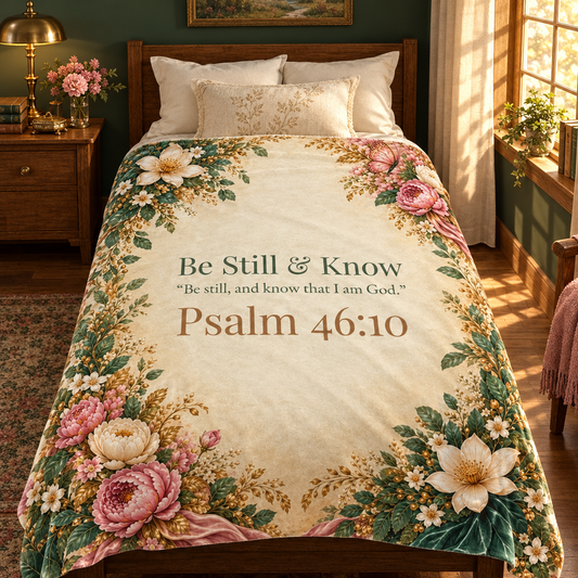 Be Still & Know blanket covering a twin bed in a golden-lit cottage bedroom