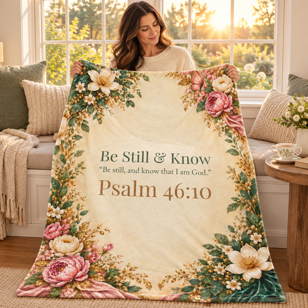 Be Still & Know blanket in a peaceful window-seat lifestyle scene