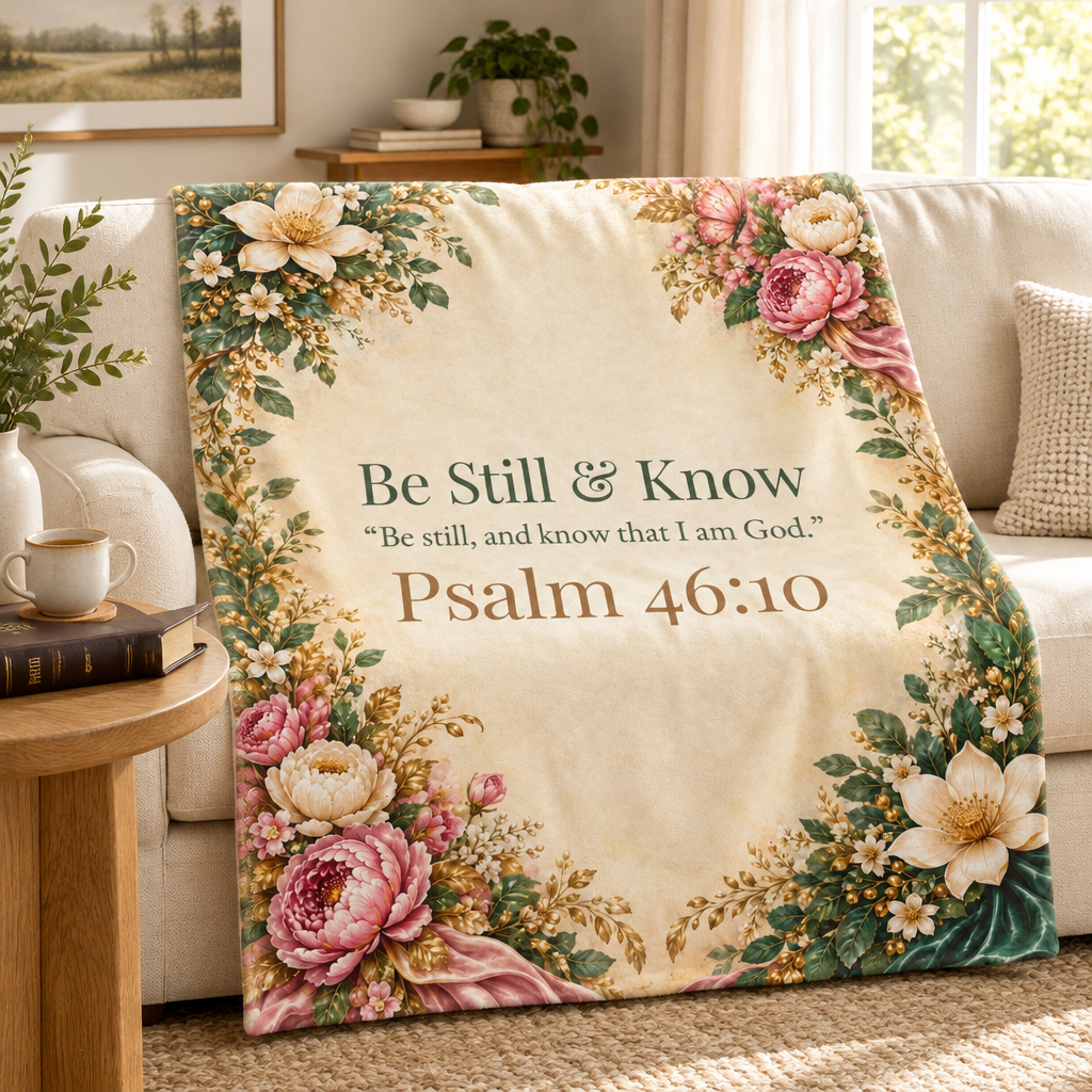Be Still & Know blanket in a sunlit living room