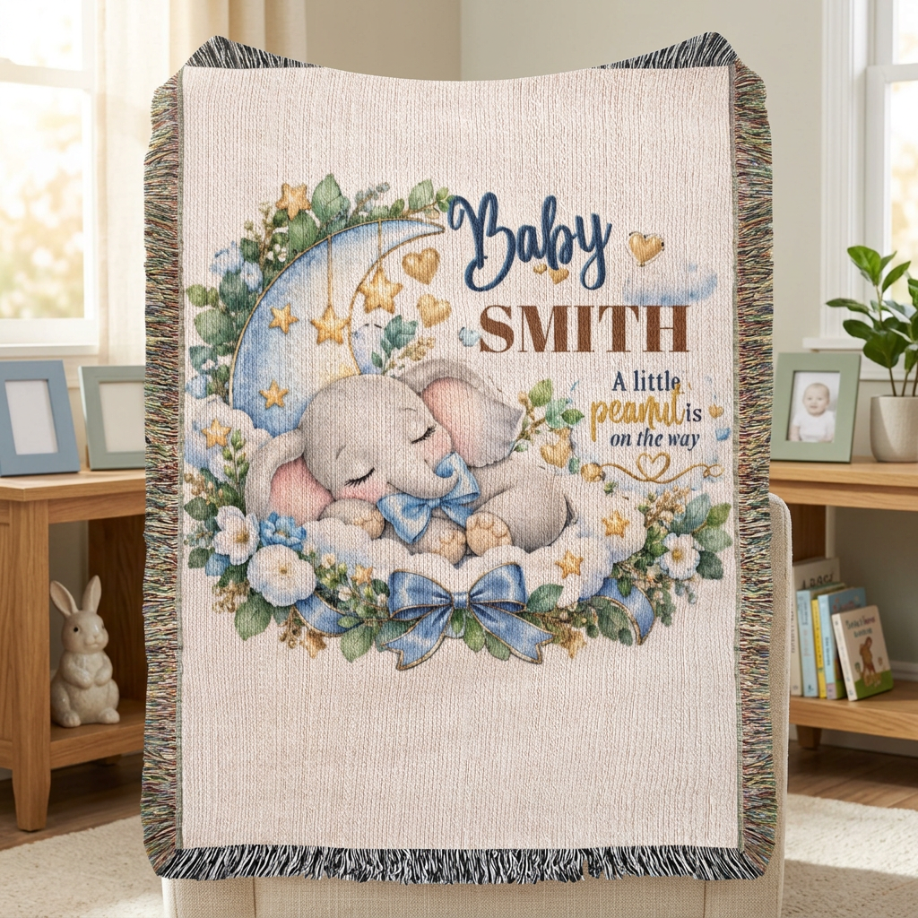 Blue elephant blanket in a nursery reading corner