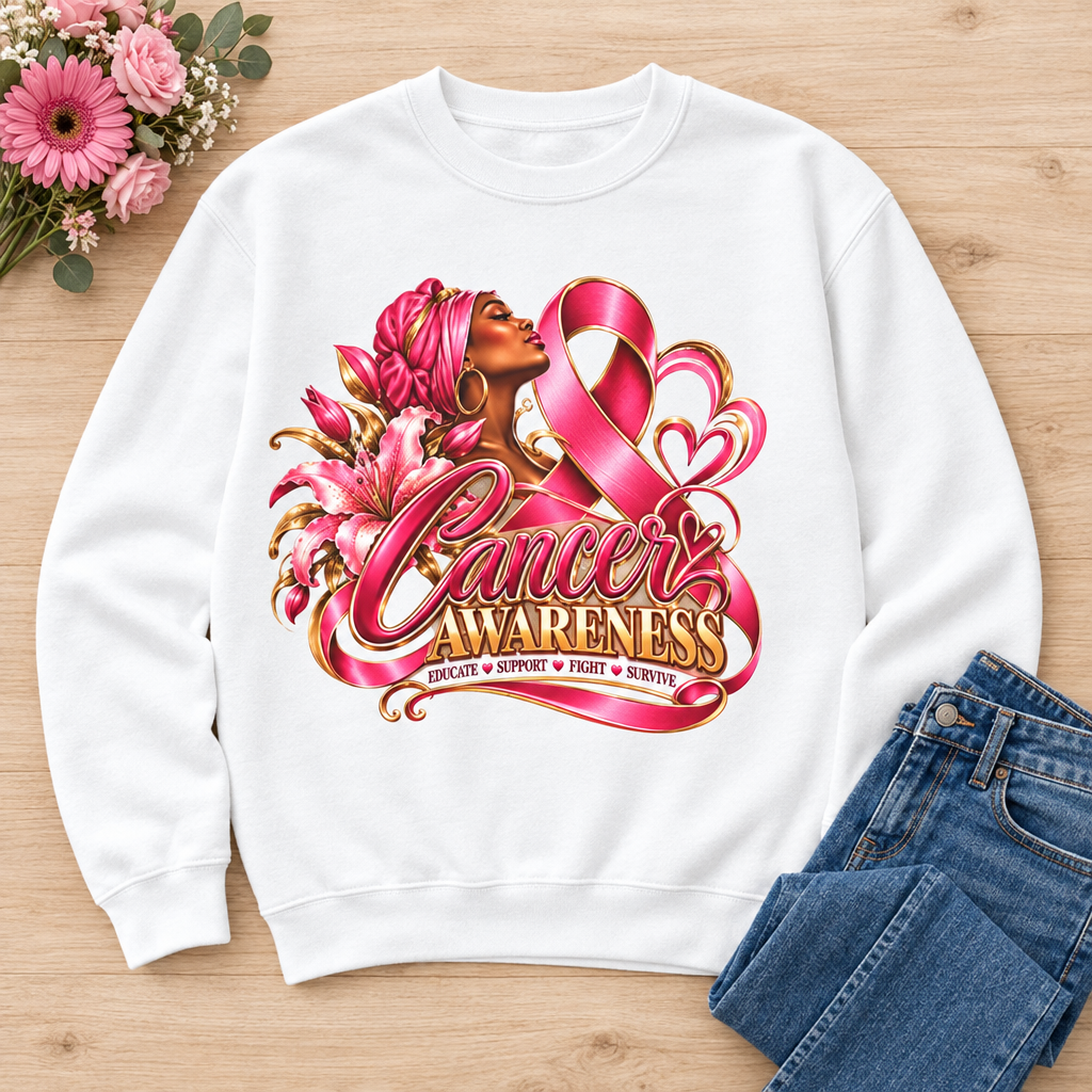 Cancer Awareness sweatshirt styled flat lay