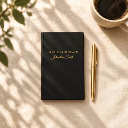 Compact journal beside coffee on cream linen