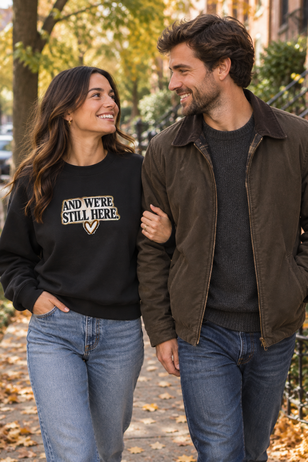 Couple walking through an autumn neighborhood