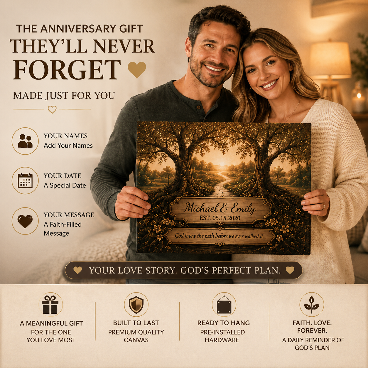 The Path God Wrote for Us canvas — couple holding personalized canvas in living room