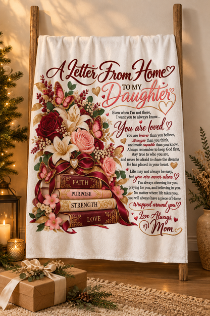 Faith Purpose Strength Love blanket displayed fully open in a holiday gift setting