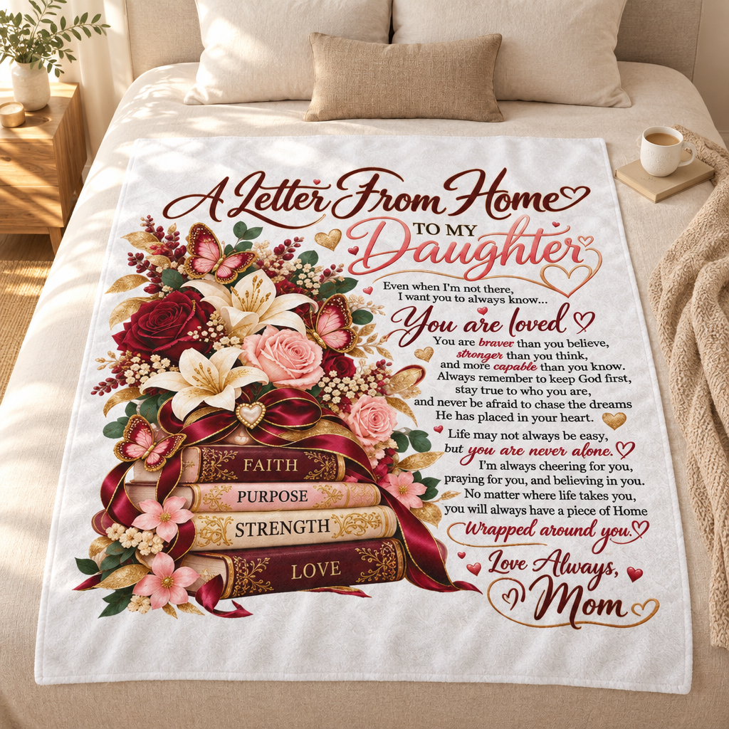 Faith Purpose Strength Love blanket fully visible in a warm home setting