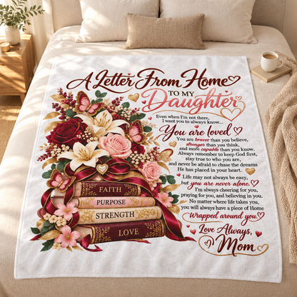 Faith Purpose Strength Love blanket fully visible in a warm home setting