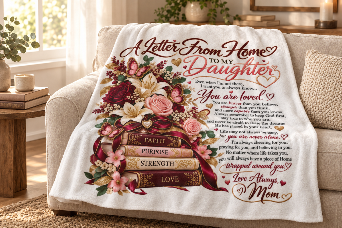 Faith Purpose Strength Love blanket on a warm neutral sofa