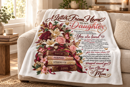 Faith Purpose Strength Love blanket on a warm neutral sofa