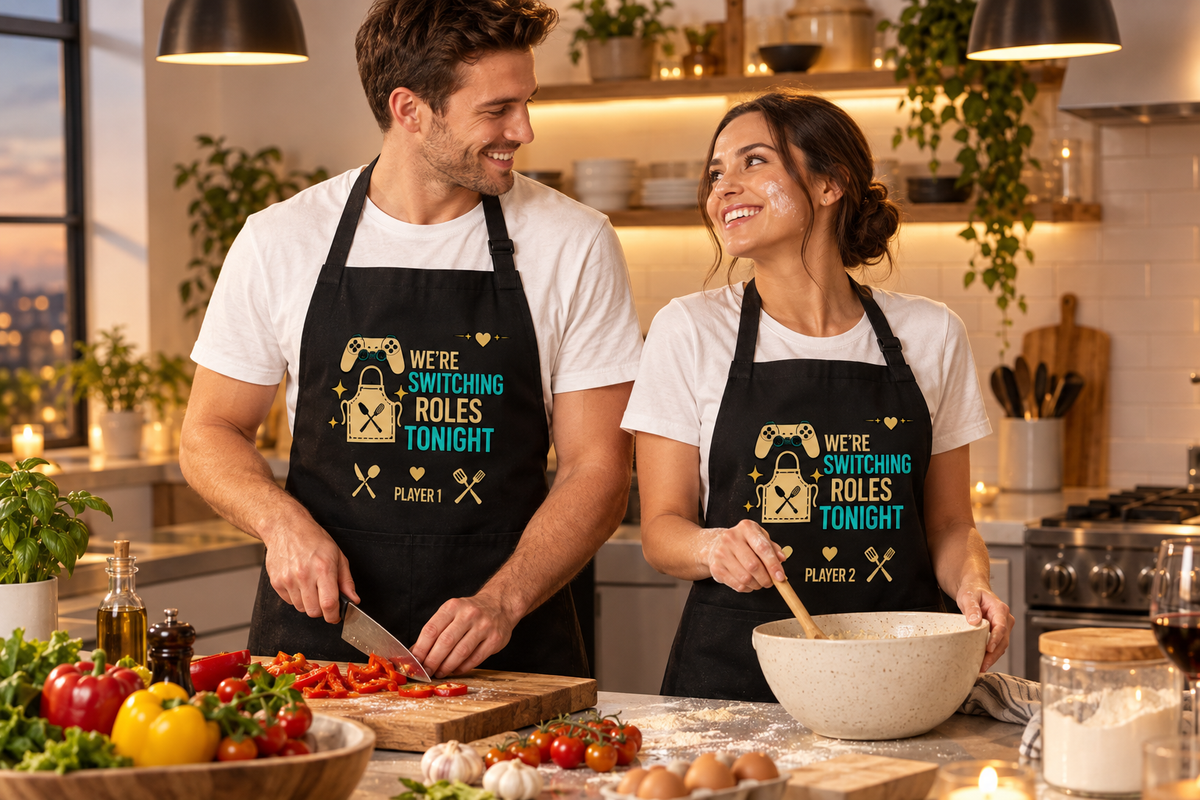 Gamer couples wearing matching aprons while cooking together