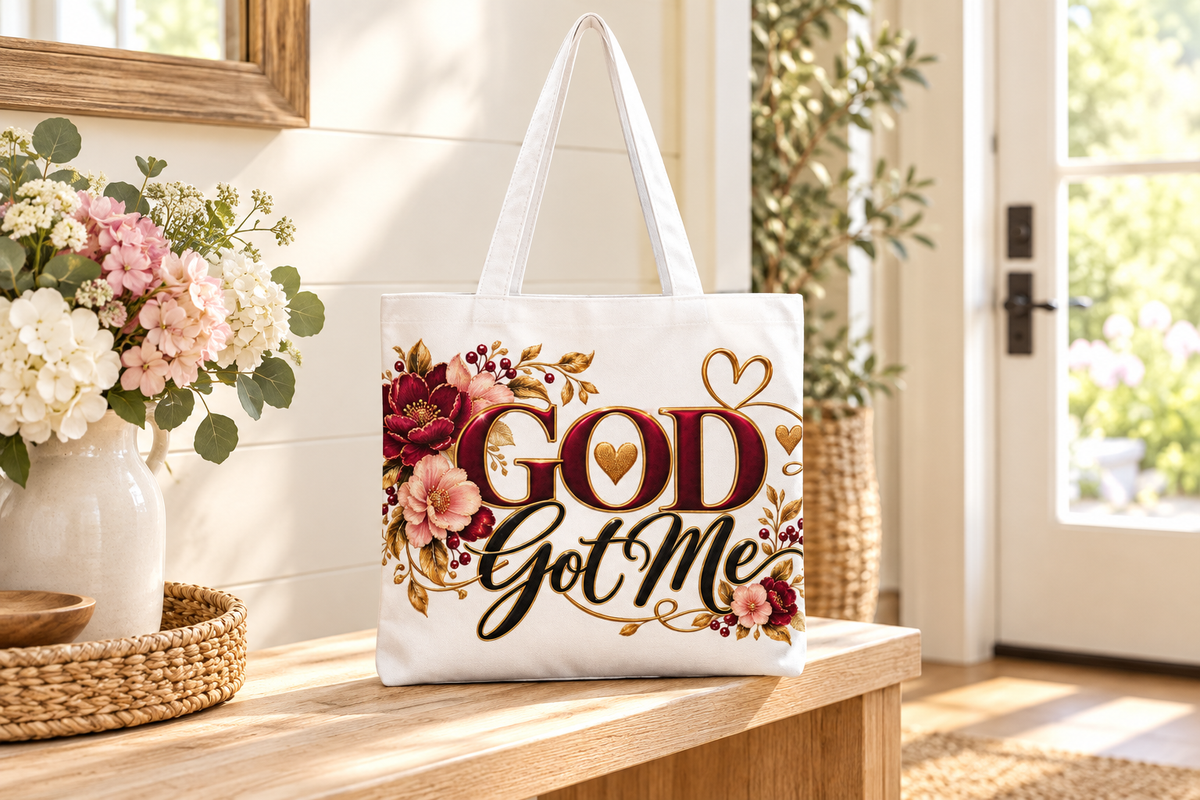 God Got Me Floral Tote Bag in a bright home entryway