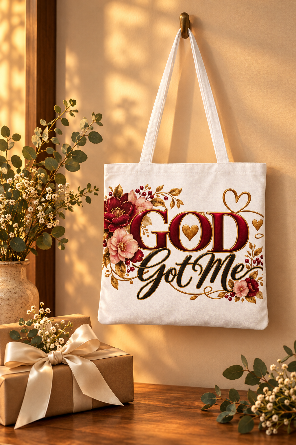 God Got Me Floral Tote Bag styled as a thoughtful gift