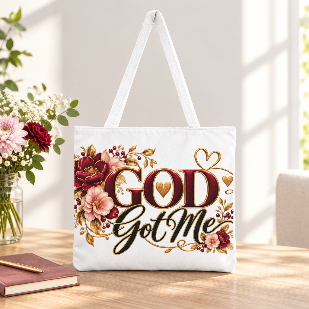 God Got Me Floral Tote Bag styled for everyday carry