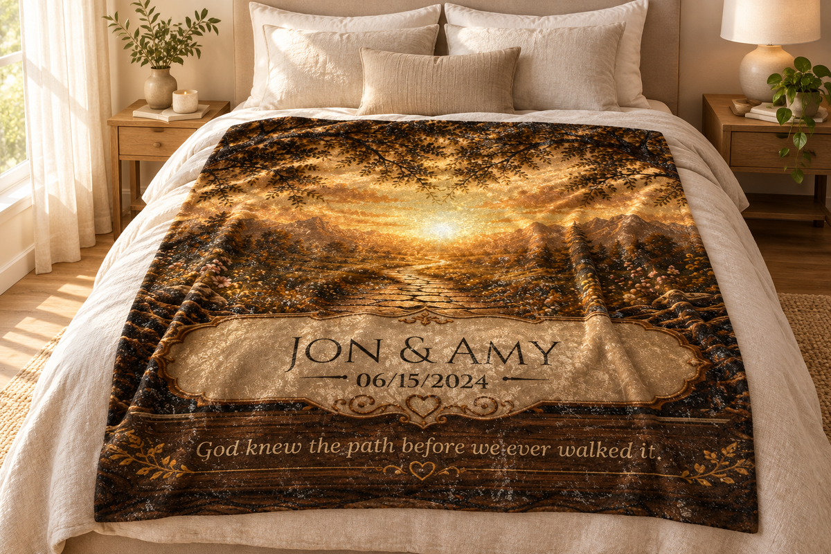 Golden Path personalized blanket displayed fully open on a bed