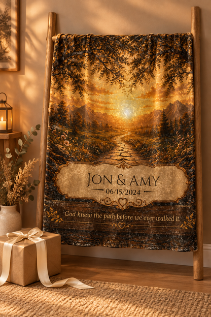 Golden Path personalized blanket hanging fully open in a gift setting