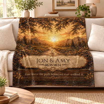 Golden Path personalized blanket spread across a neutral sofa