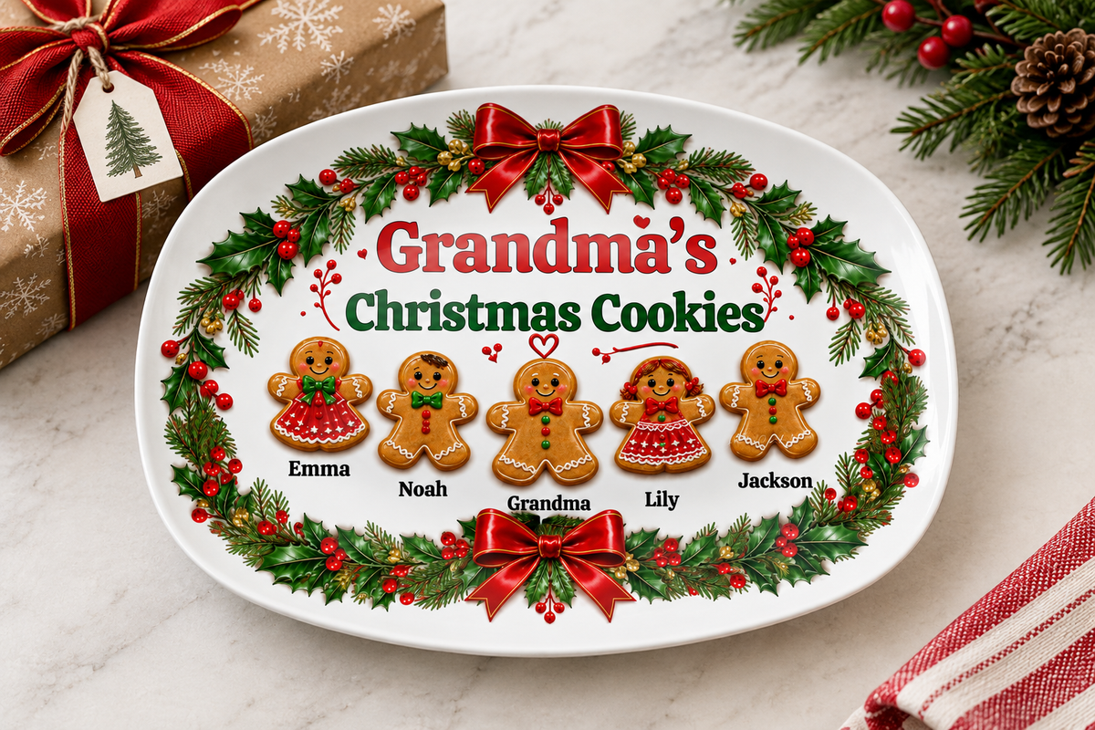 Grandma’s Cookies platter styled as a gift