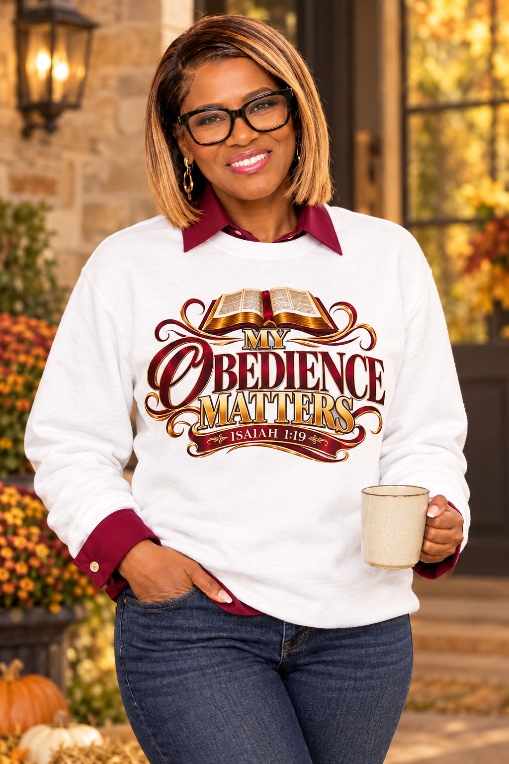 Woman wearing a white My Obedience Matters sweatshirt with Isaiah 1:19 on an autumn porch.