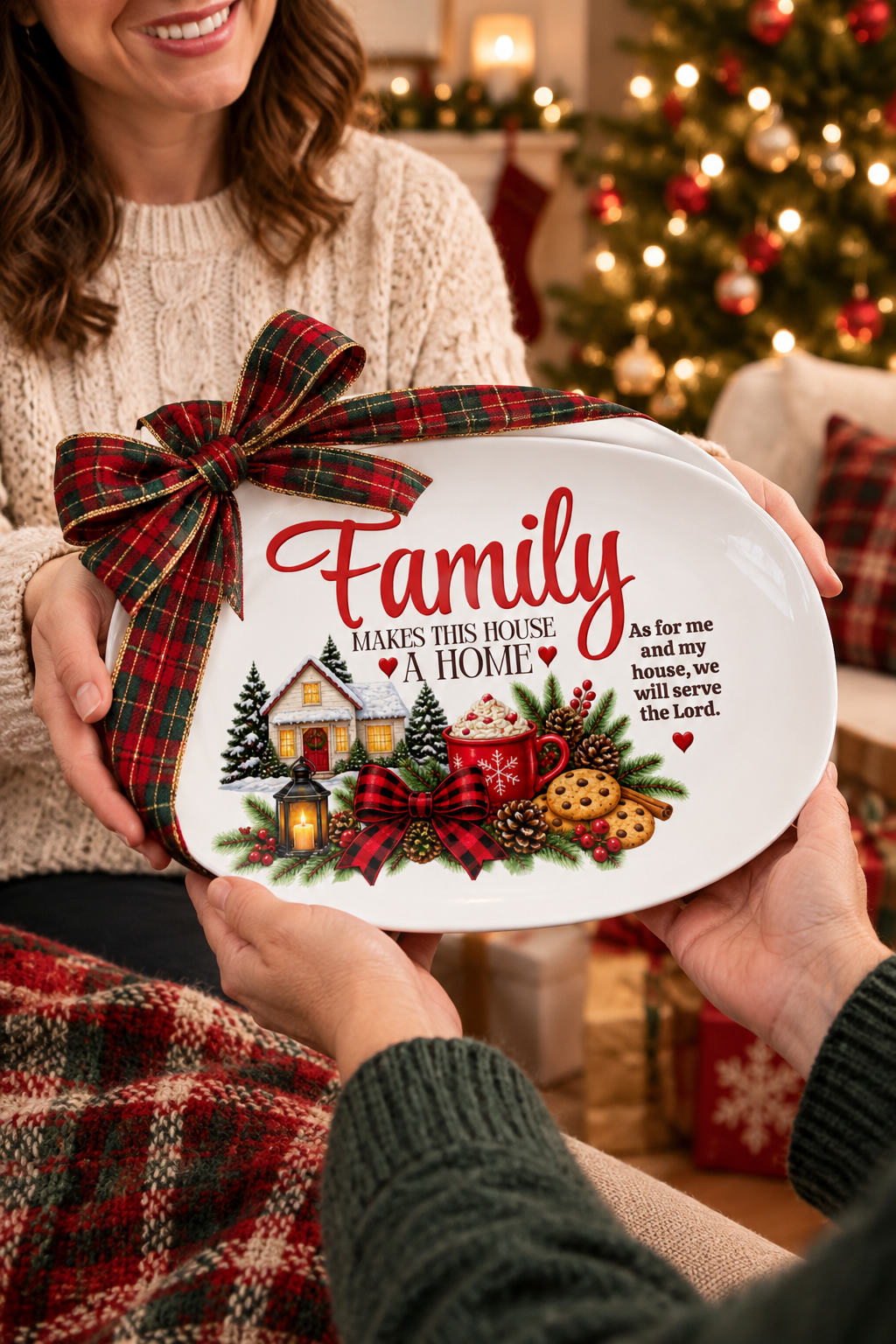 Family Makes This House a Home Christmas Platter presented as a wrapped gift