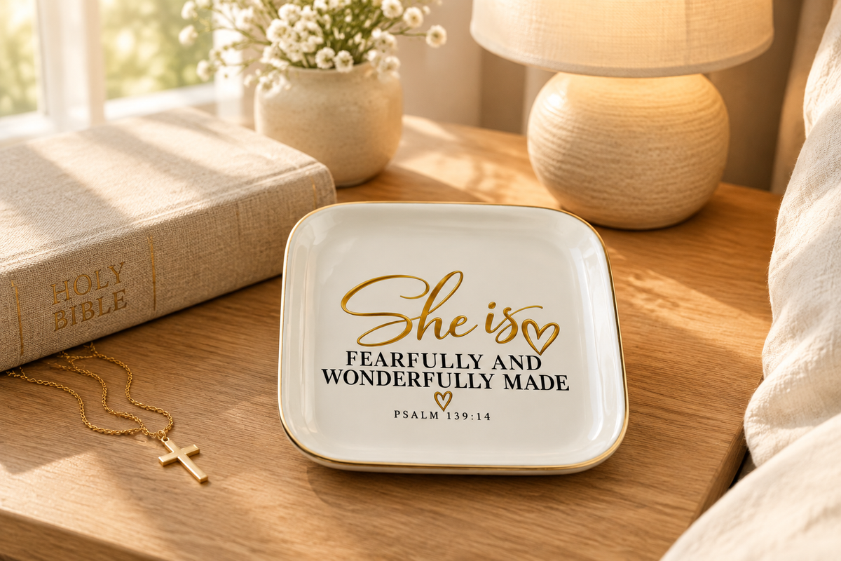 Jewelry dish styled on a bedside table
