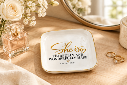 Jewelry dish styled on a bright vanity