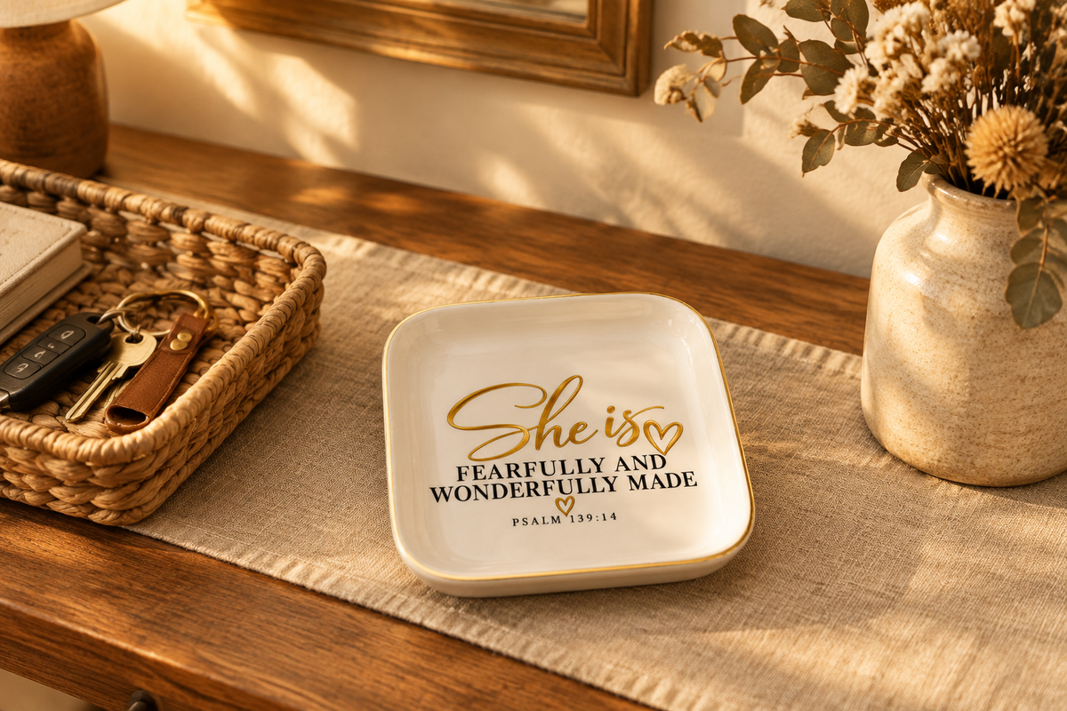 Jewelry dish styled on an entryway console