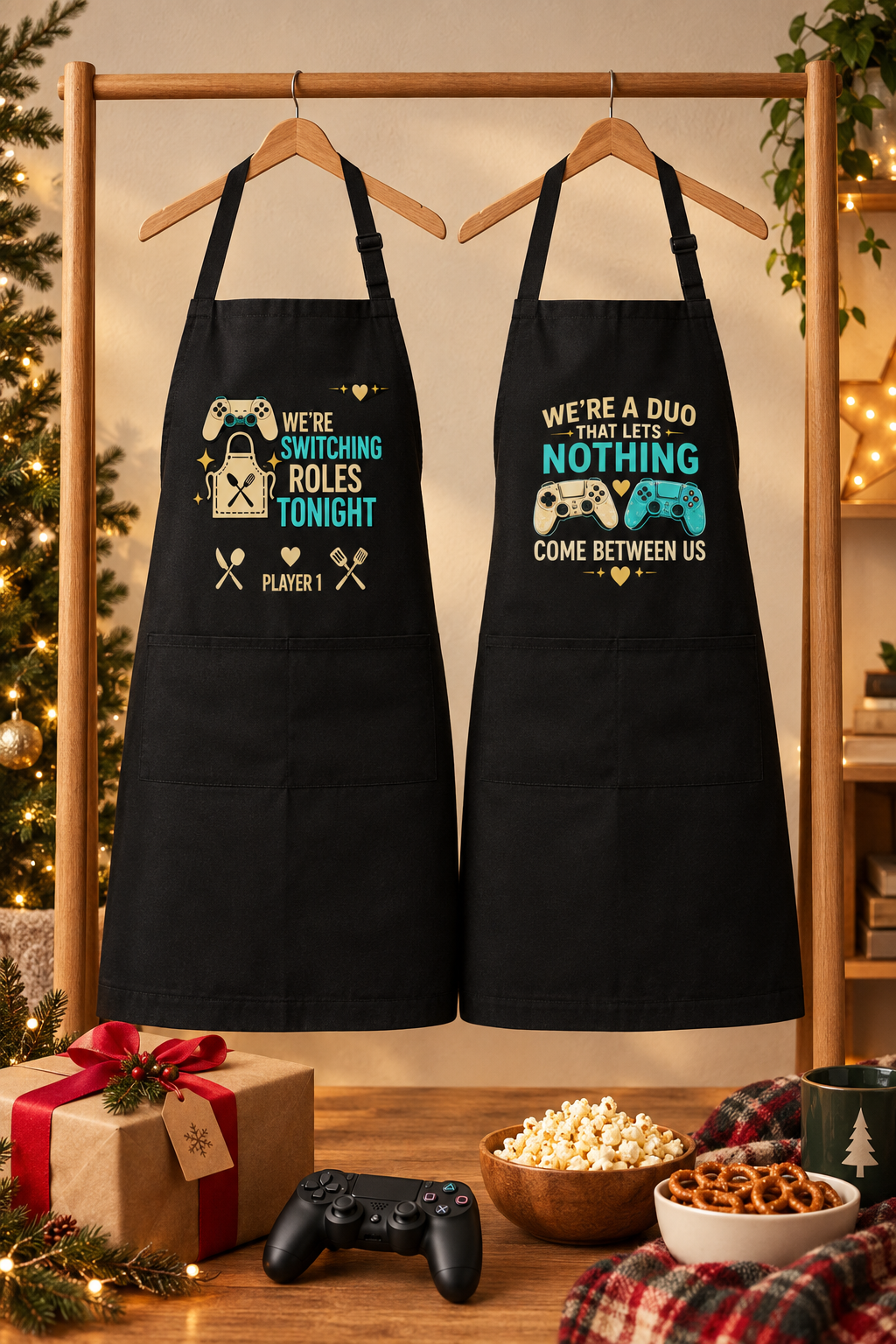 Matching gamer-couple aprons displayed as a holiday gift