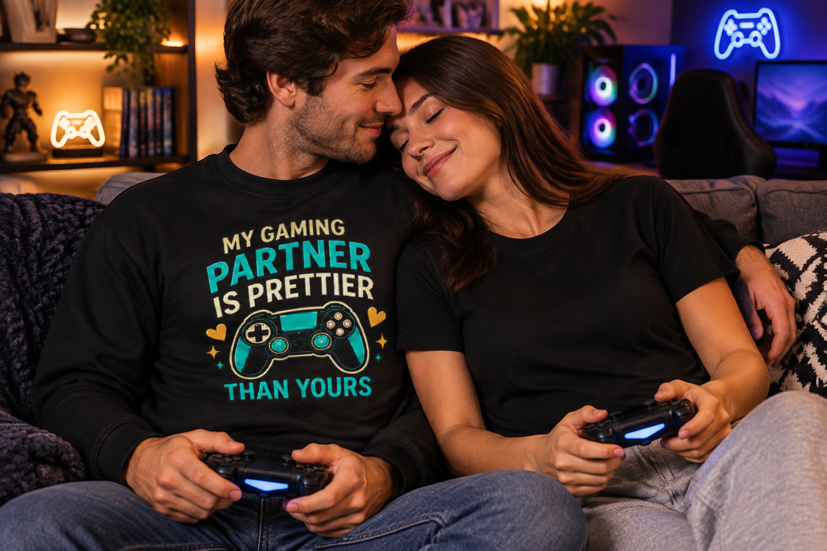 My Pretty Gaming Partner couple with the female model in a plain black top