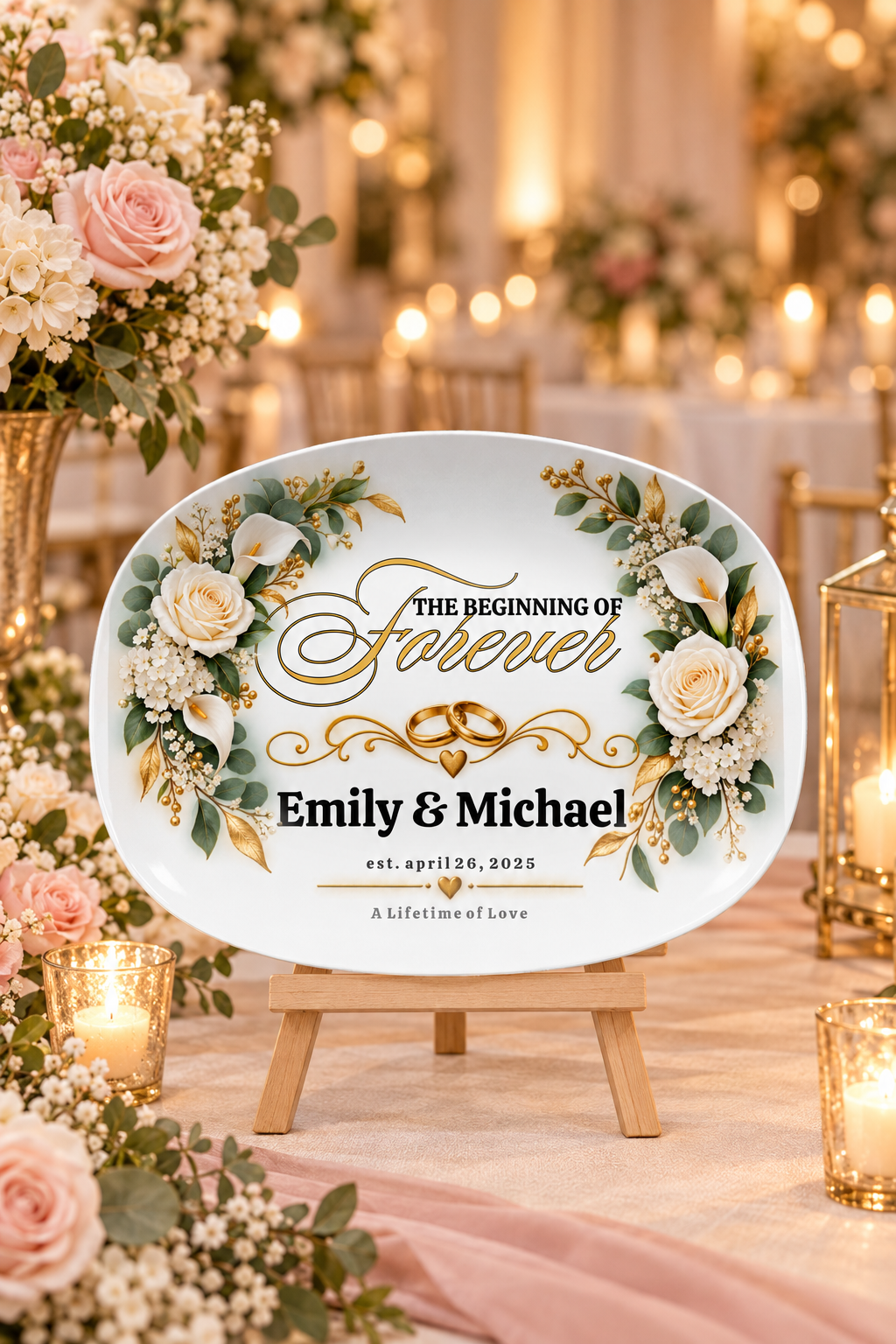 Personalized wedding platter displayed at a wedding reception
