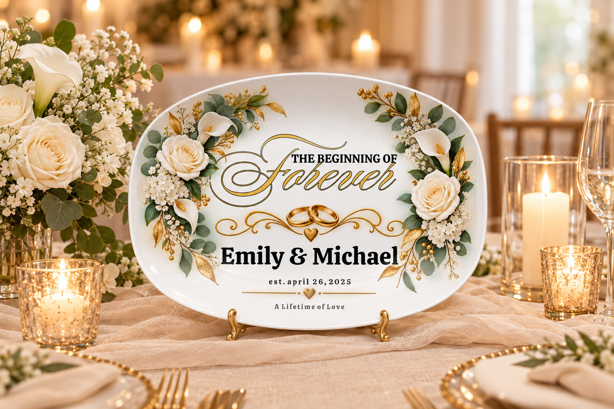 Personalized wedding platter displayed in a newlywed home