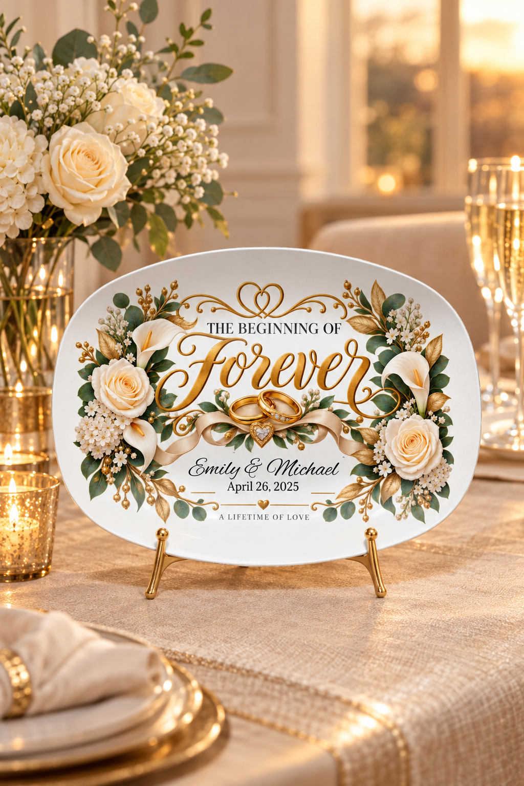 Personalized wedding platter displayed in an elegant dining room