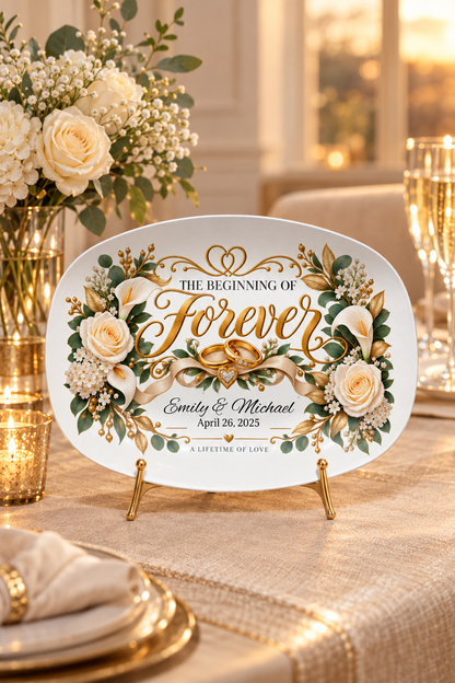 Personalized wedding platter displayed in an elegant dining room
