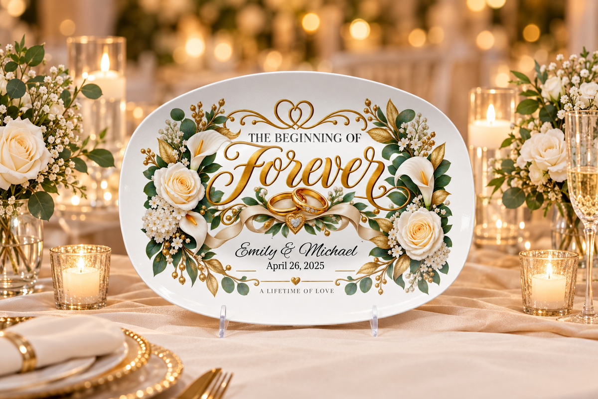 Personalized wedding platter on an elegant reception table